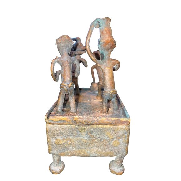 Handmade Bronze African Box-Style Statue With Musicians Cameroonian Art 4" X 2" - Picture 5 of 15
